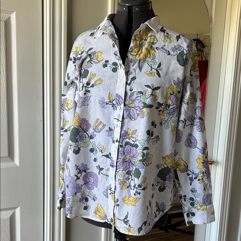 Liz Claiborne White Floral linen cotton Shirt with Yellow, Lilac & Green Print